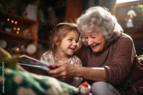 Little girl reading with grandma image