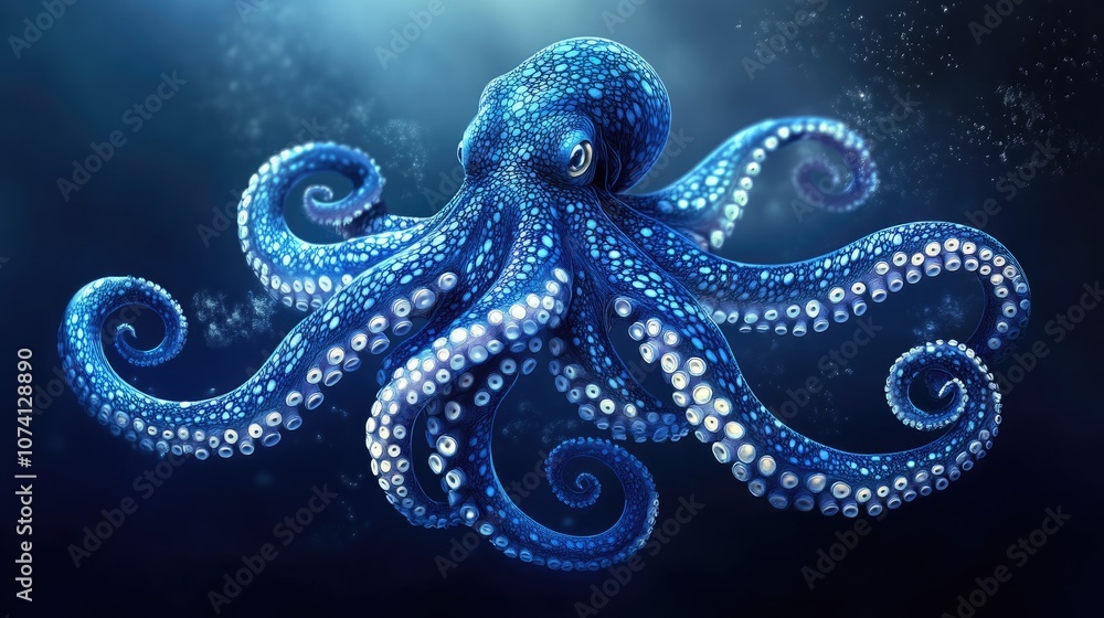 A blue octopus adorned with white spots swims gracefully through the ocean waters A blue octopus adorned with white spots swims gracefully through the ocean waters