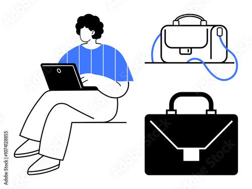 Person working on a laptop while sitting next to two types of business bags. Ideal for remote work, tech, business travel, e-commerce, work-life balance, freelance culture, productivity. Line
