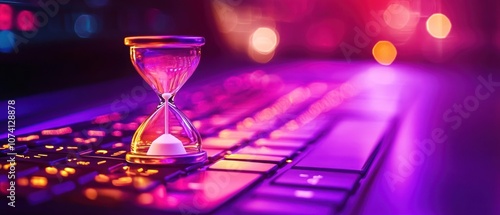 An hourglass on a keyboard symbolizes the passage of time in a digital environment.