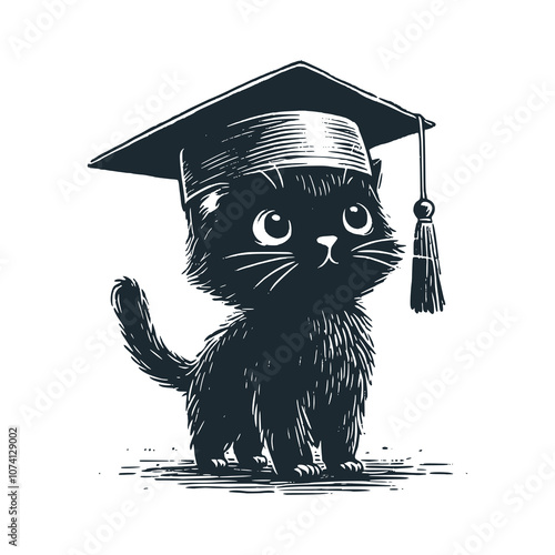 Cat Wearing Graduation Cap. Black white vector illustration.