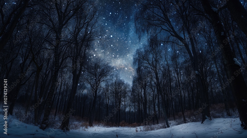 Fototapeta premium Starry night sky over a tranquil winter forest