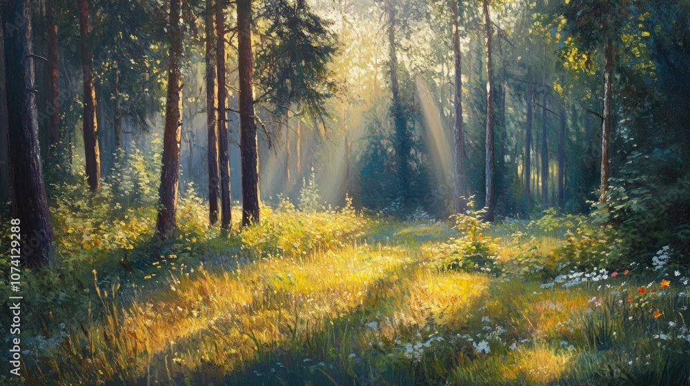 Fototapeta premium Soft morning light caresses a tranquil forest clearing accentuating vivid plants and creating calming shadows beneath the towering trees