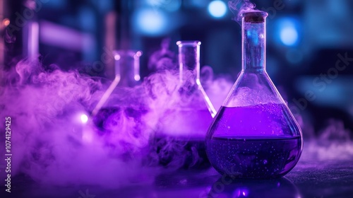 Three laboratory flasks with purple liquid and smoke, suggesting chemical experimentation.