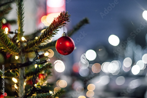 Red Christmas balls and garlands on branch.