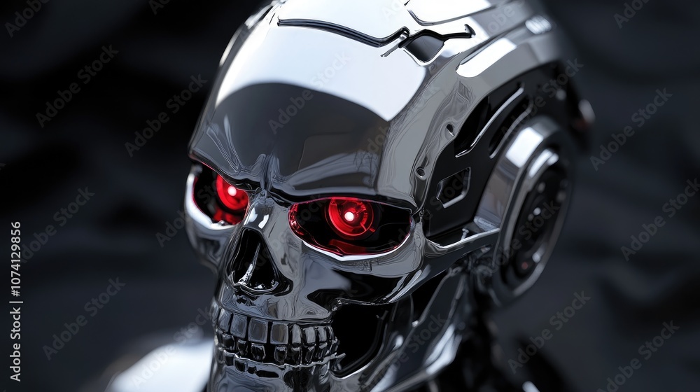 Skull shaped helmet in silver armor featuring red eyes and LED lights Skull shaped helmet in silver armor featuring red eyes and LED lights