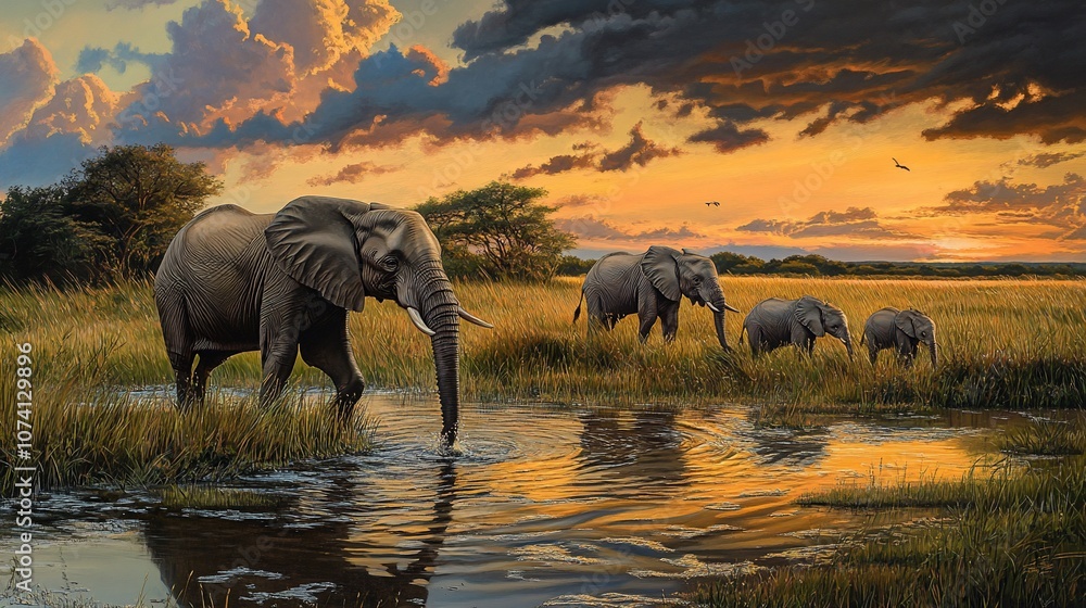 Fototapeta premium A herd of elephants walks through a shallow river at sunset, with the lead elephant drinking from the water.