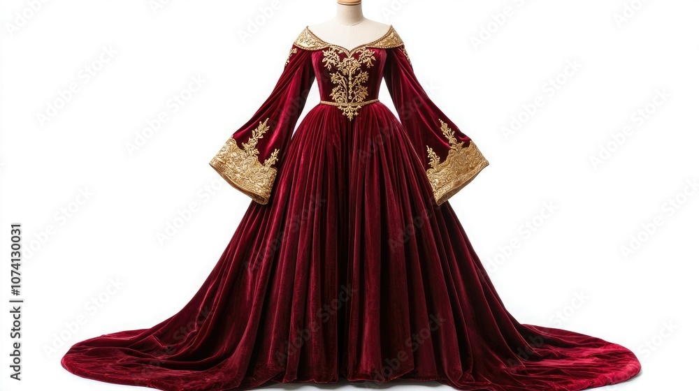 A luxurious red gown with golden detailing, featuring long sleeves and a flowing train, perfect for formal occasions or historical themes. A luxurious red gown with golden detailing, featuring long sleeves and a flowing train, perfect for formal occasions or historical themes.