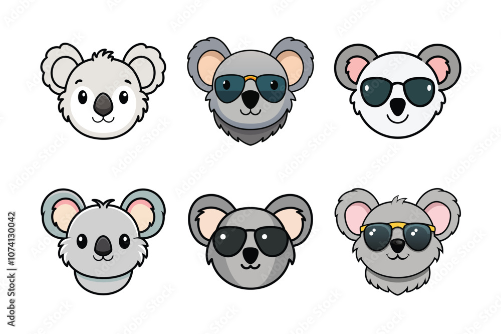 A collection of six adorable koala faces, some wearing sunglasses. Perfect vector illustrations for kids' projects, creative designs, and animal-themed fun. A collection of six adorable koala faces, some wearing sunglasses. Perfect vector illustrations for kids' projects, creative designs, and animal-themed fun.