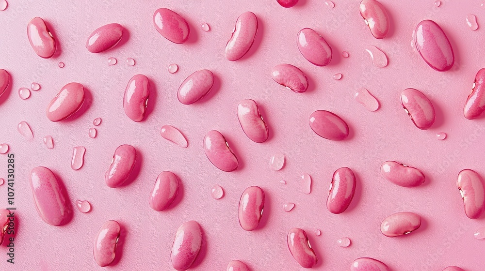 Pink Beans on Pink Background with Water Drops Pink Beans on Pink Background with Water Drops