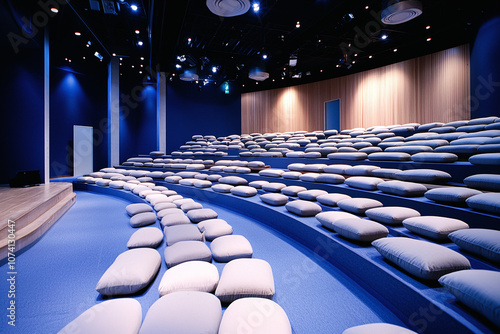 a peaceful meditation hall with rows of cushions and low lighting. photo