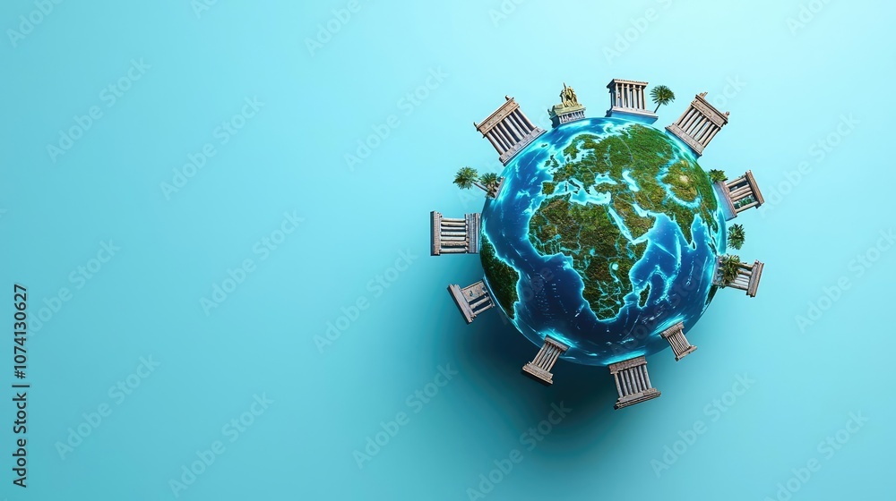 3D globe surrounded by famous landmarks on a blue background. 3D globe surrounded by famous landmarks on a blue background.