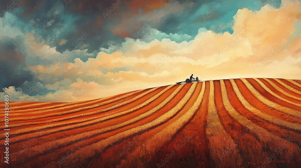 Fototapeta premium A tractor plows a field at sunset with a dramatic sky overhead.