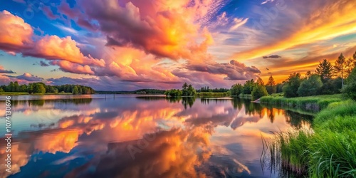 Panoramic View of Dreamy Watercolor Clouds at Sunset Over Tranquil Landscape, Perfect for Invoking Serenity and Inspiration in Nature Photography Collections