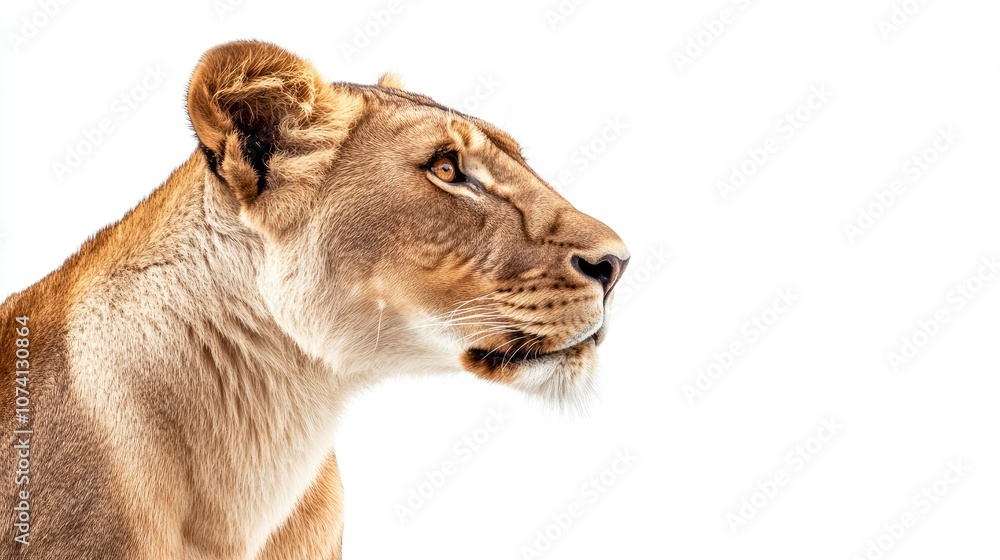 Majestic Lioness in Profile Against White Background Majestic Lioness in Profile Against White Background