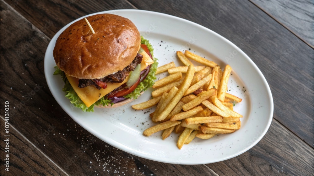 Φωτογραφία Top view of a delicious burger and fries on a plate, homemade fast food , burger