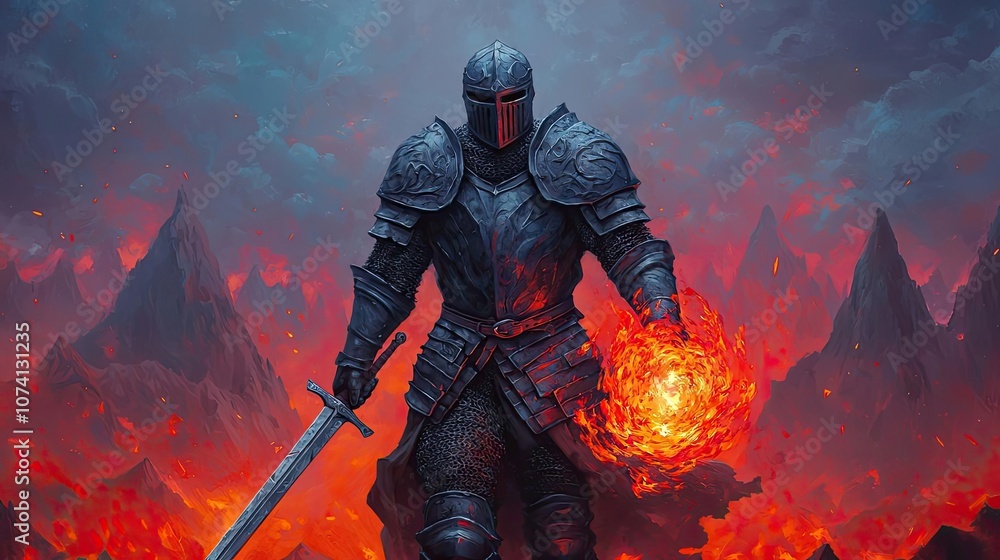 Fototapeta premium Knight wielding fire magic in a dramatic volcanic landscape, epic fantasy scene.