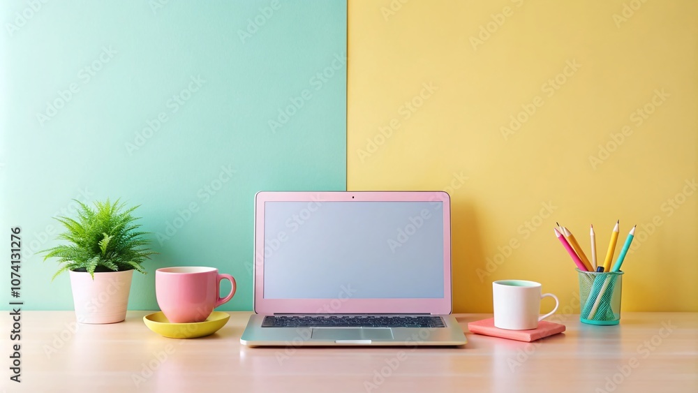 Pastel Desk Setup Featuring Laptop and Coffee Mug on a Bright White Background, Ideal for Home Office or Workspace Inspiration with Modern Aesthetic and Cozy Vibe Pastel Desk Setup Featuring Laptop and Coffee Mug on a Bright White Background, Ideal for Home Office or Workspace Inspiration with Modern Aesthetic and Cozy Vibe