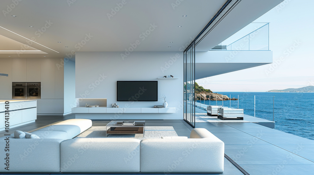Fototapeta premium Modern minimalist style, blank living room, white color, wide angle view