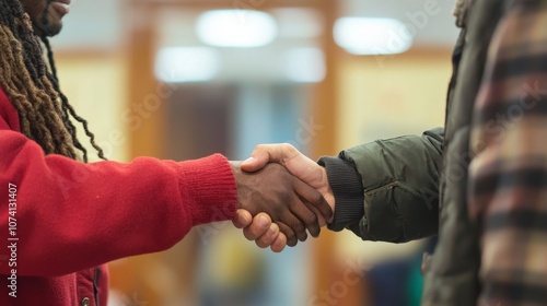 A victim and offender shaking hands after a restorative justice meeting, symbolizing forgiveness and closure photo