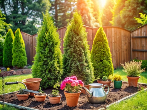 Planting Thuja Occidentalis Tree of Life Hedge in Spring: Home Garden Preparation with Watering Can, Shovel, and Empty Flower Pots at Work in Progress Outdoors