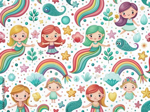 Playful Mermaids and Colorful Rainbows Create a Whimsical Pattern on a Clean White Background for Bright and Cheerful Home Decor and Children's Products