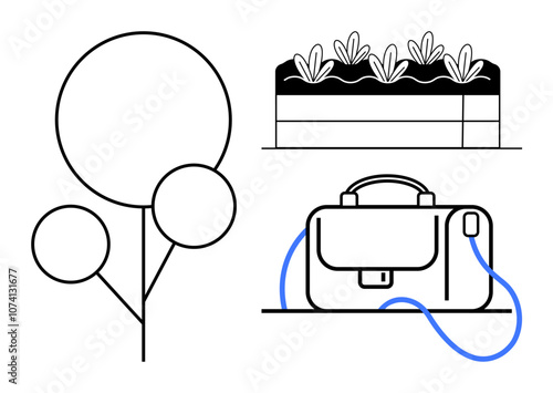 Office bag with blue strap, potted plant with leaves, and stylized balloon tree outline. Ideal for productivity, nature, simplicity, growth, daily routine, organization, minimalism. Line metaphor