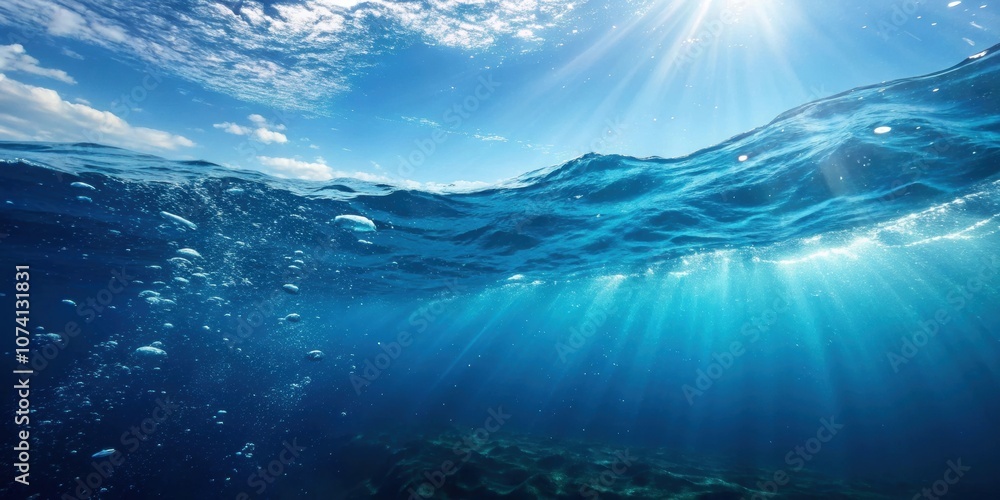 Fototapeta premium Perfectly seamless deep blue ocean waves with micro particles and light rays shining through, ocean, waves