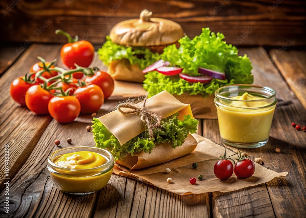 Product Photography of Mustard and Mayonnaise Sachets on a Rustic Wooden Table Surrounded by Fresh Ingredients, Perfect for Culinary Use and Condiment Showcase Product Photography of Mustard and Mayonnaise Sachets on a Rustic Wooden Table Surrounded by Fresh Ingredients, Perfect for Culinary Use and Condiment Showcase