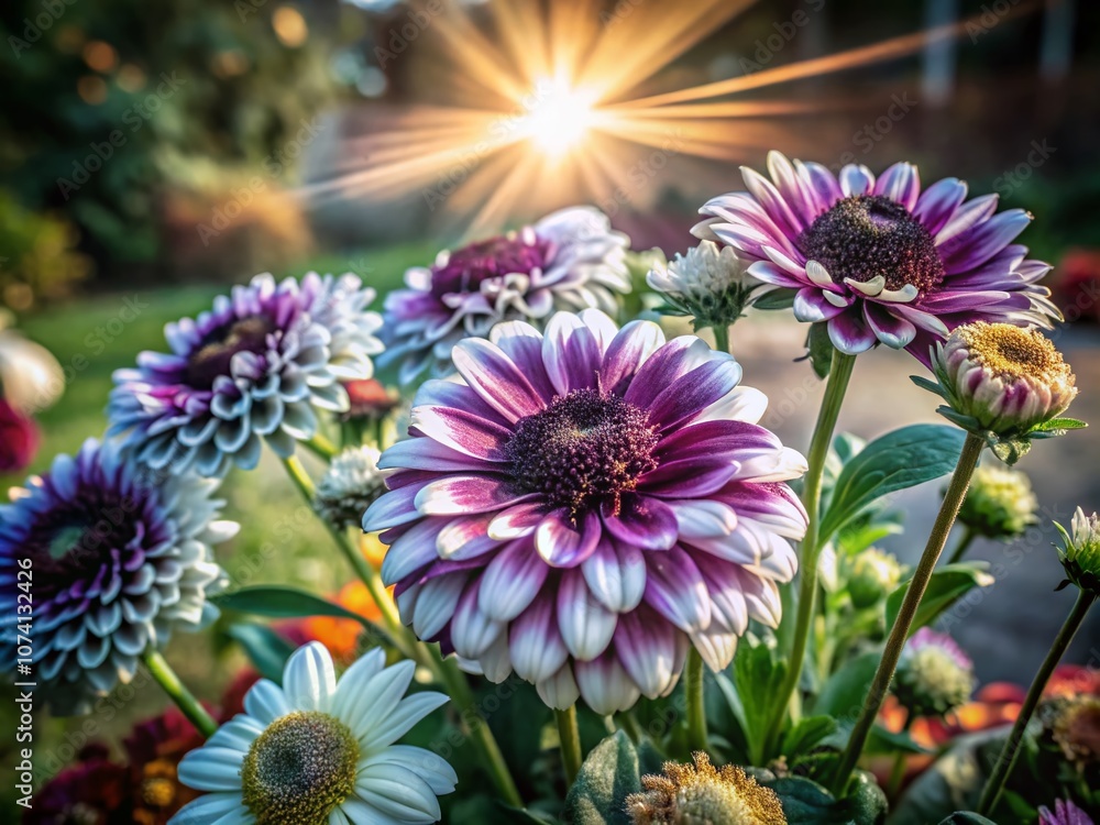 Obraz premium Purple and White Floral Arrangement with High Depth of Field, Capturing the Beauty of Nature's Palette in a Lush Garden Setting, Perfect for Home Decor and Botanical Illustrations
