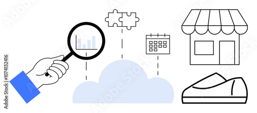 Magnifying glass examining data above cloud connected to puzzle piece, calendar, shop, and shoe. Ideal for data analysis, e-commerce, business strategy, retail management, market research, cloud