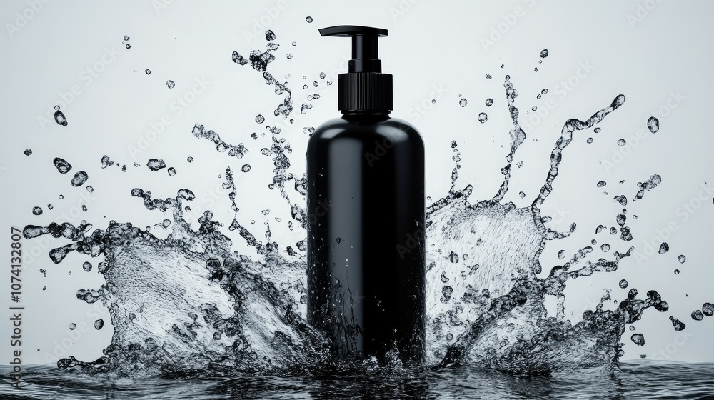 A black pump bottle at the center of an intense water splash, the motion captured beautifully against a simple background to convey purity and energy A black pump bottle at the center of an intense water splash, the motion captured beautifully against a simple background to convey purity and energy