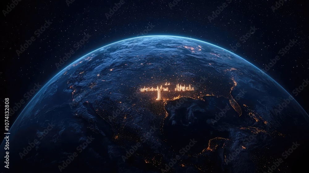 A stunning view of Earth from space, showcasing illuminated cities at night. A stunning view of Earth from space, showcasing illuminated cities at night.