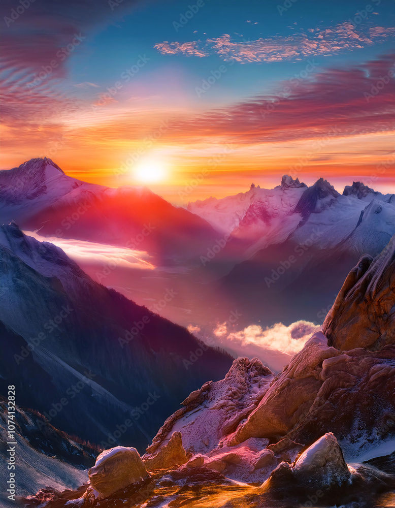 Naklejka premium Dramatic mountain scenery at sunset with a vibrant sky