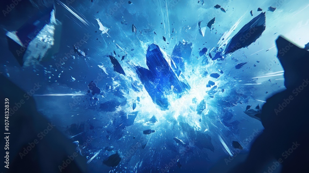 A blue-hued futuristic background with an abstract explosion shape at the center, surrounded by a burst of energy and fragmented 3D elements A blue-hued futuristic background with an abstract explosion shape at the center, surrounded by a burst of energy and fragmented 3D elements