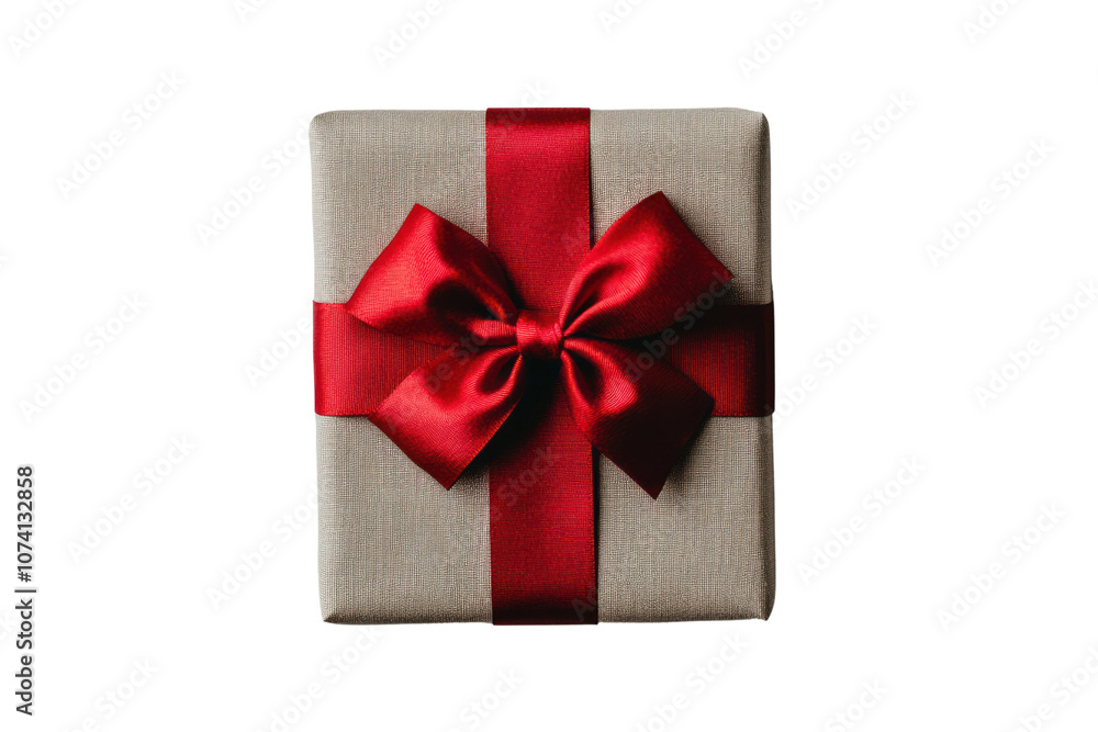 An elegantly wrapped gift box with a bright red bow, showcased from a top view against a light grey background. The clean lines and soft tones emphasize the box's charm An elegantly wrapped gift box with a bright red bow, showcased from a top view against a light grey background. The clean lines and soft tones emphasize the box's charm