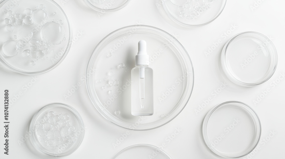 White background, glass petri dishes and circular plates with a skin care essence bottle in the middle White background, glass petri dishes and circular plates with a skin care essence bottle in the middle
