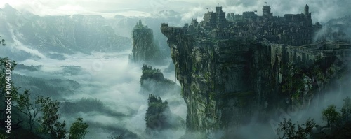 Mysterious castle on a cliff surrounded by fog and mountains.