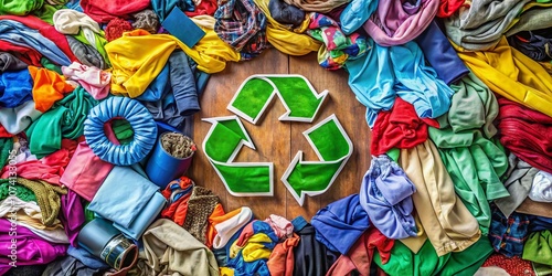 Recycle Symbol Amidst a Mountain of Fast Fashion Waste, Highlighting the Urgency of Fashion Sustainability and Environmental Responsibility in the Modern World
