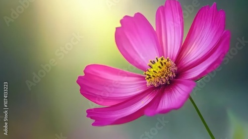 A close-up of a vibrant deep pink cosmos flower with delicate petals, surrounded by a soft green background, capturing its natural beauty