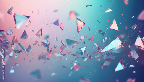 キラキラしたガラスの破片が飛び散る、ピンクと青のグラデーション背景