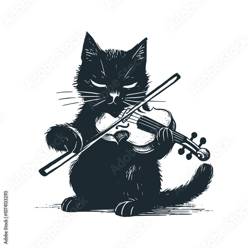 Cat playing the violin. Black white vector illustration.