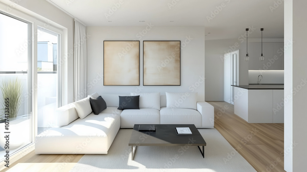 Minimalist living room with white sofa and abstract wall art in modern open space
Minimalist living room with white sofa and abstract wall art in modern open space