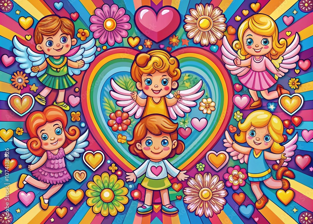 Fototapeta premium Retro Valentine's Day Poster with Cupid and Guardian Angels in a Groovy 90s Style, Featuring Hearts and Colorful Typography for a Love-Inspired Design