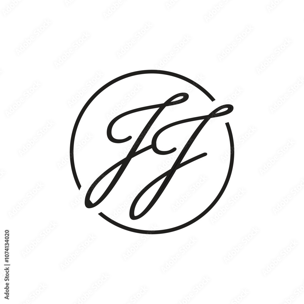 This is a simple logo design of an initial jj in cursive Latin on a circle in black color on a white background This is a simple logo design of an initial jj in cursive Latin on a circle in black color on a white background
