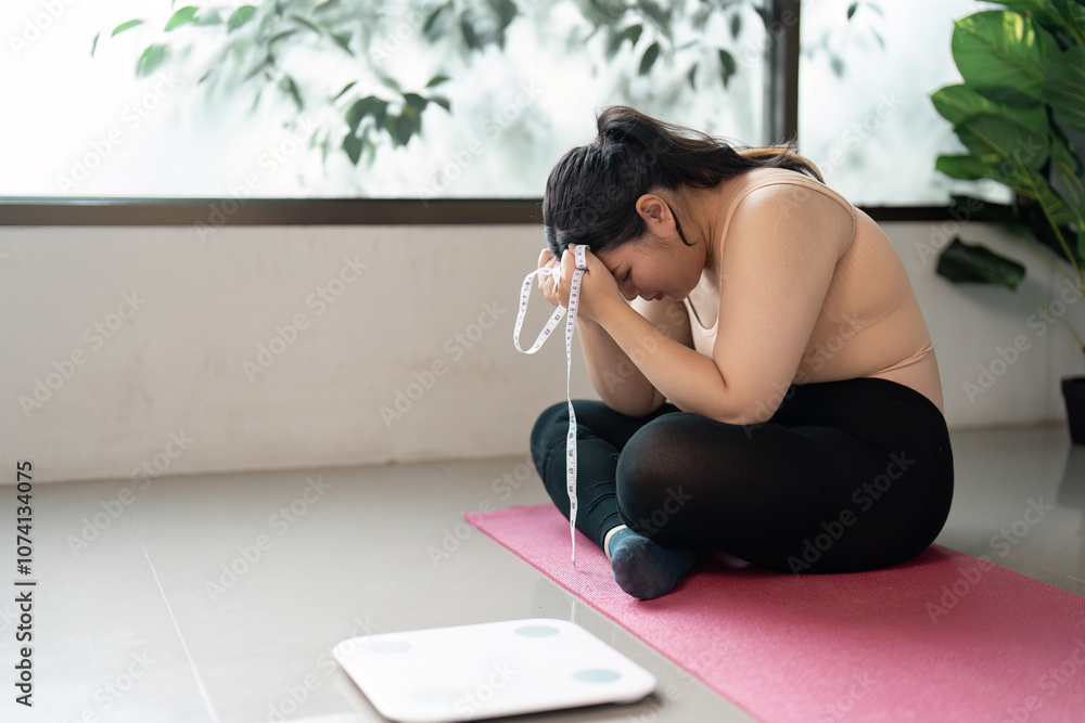 Contemplative Woman with Measuring Tape Sitting on Yoga Mat Near Scale in Bright Room Contemplative Woman with Measuring Tape Sitting on Yoga Mat Near Scale in Bright Room