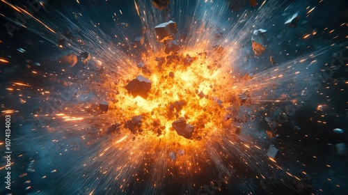 Wallpaper Mural A dramatic 3D illustration of a geometric explosion, with fragments and surfaces crushing under immense power against a dark background Torontodigital.ca