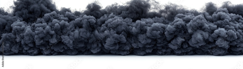 A dense, dark cloud of smoke dominates the image, creating an ominous atmosphere against a stark white background. A dense, dark cloud of smoke dominates the image, creating an ominous atmosphere against a stark white background.
