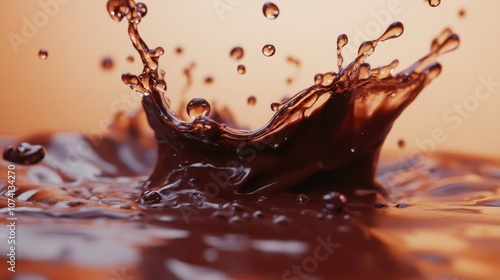 A dynamic splash of liquid chocolate, with droplets suspended in motion, isolated on a clean backdrop to evoke indulgence and luxury