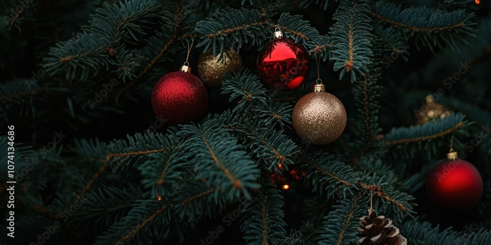 Christmas tree with red and gold ornaments christmas branches pine. Christmas tree with red and gold ornaments christmas branches pine.